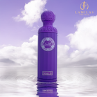 Purple Gissah Voilà perfume bottle reflected in water with cloudy lavender sky.