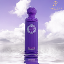 Purple Gissah Voilà perfume bottle reflected in water with cloudy lavender sky.