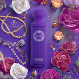 Purple Gissah Voilà perfume bottle surrounded by roses and jewelry on violet surface.