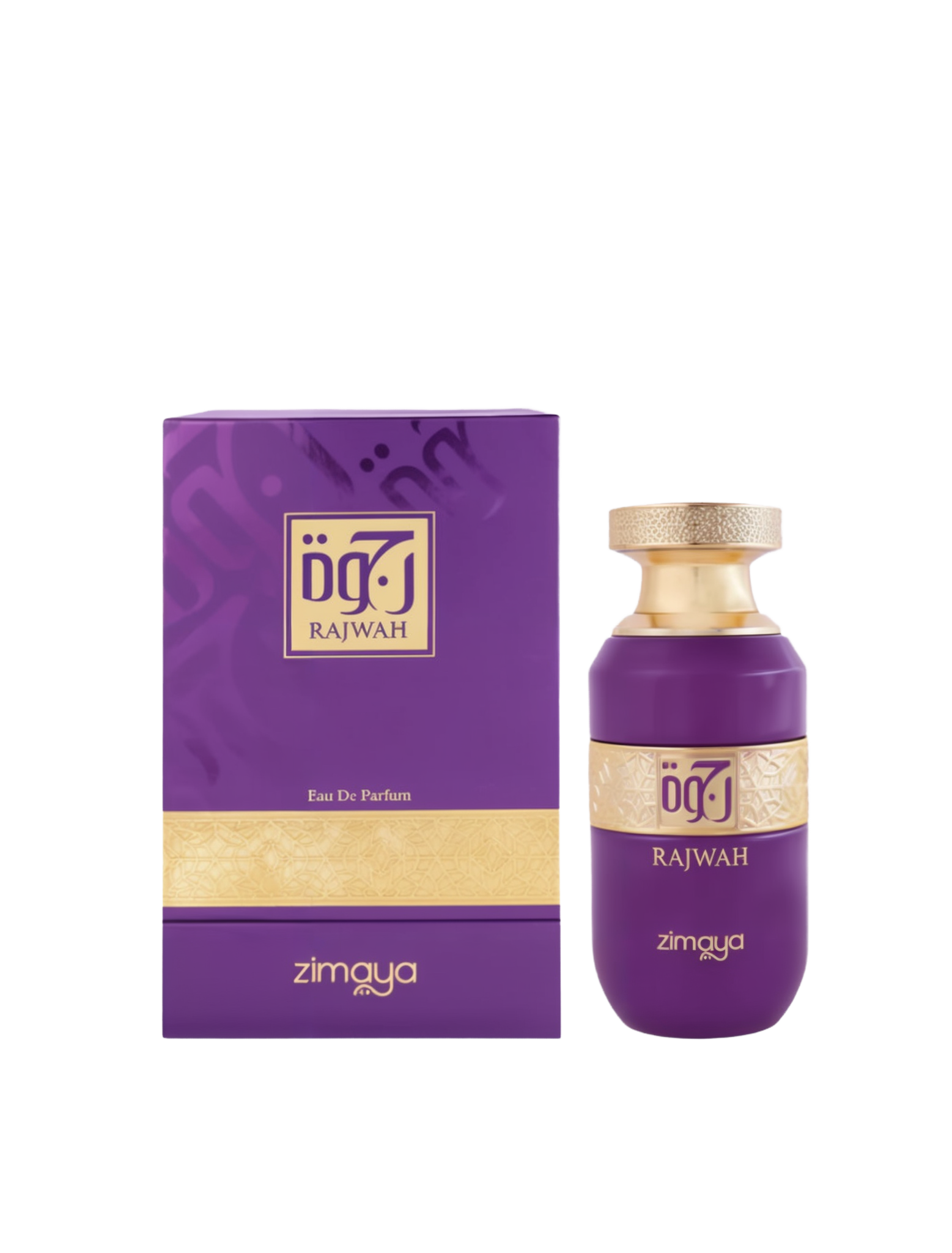 A bottle and packaging of Rajwah Eau De Parfum by Zimaya. The perfume bottle is an elegant deep purple color with a wide gold band featuring intricate Arabic geometric patterns and matching gold accents on the cap. The name "Rajwah" and the Zimaya logo are printed in gold on the front. The box is also purple with gold detailing, including a decorative band and the brand name. The design conveys a luxurious, regal aesthetic with a Middle Eastern influence.
