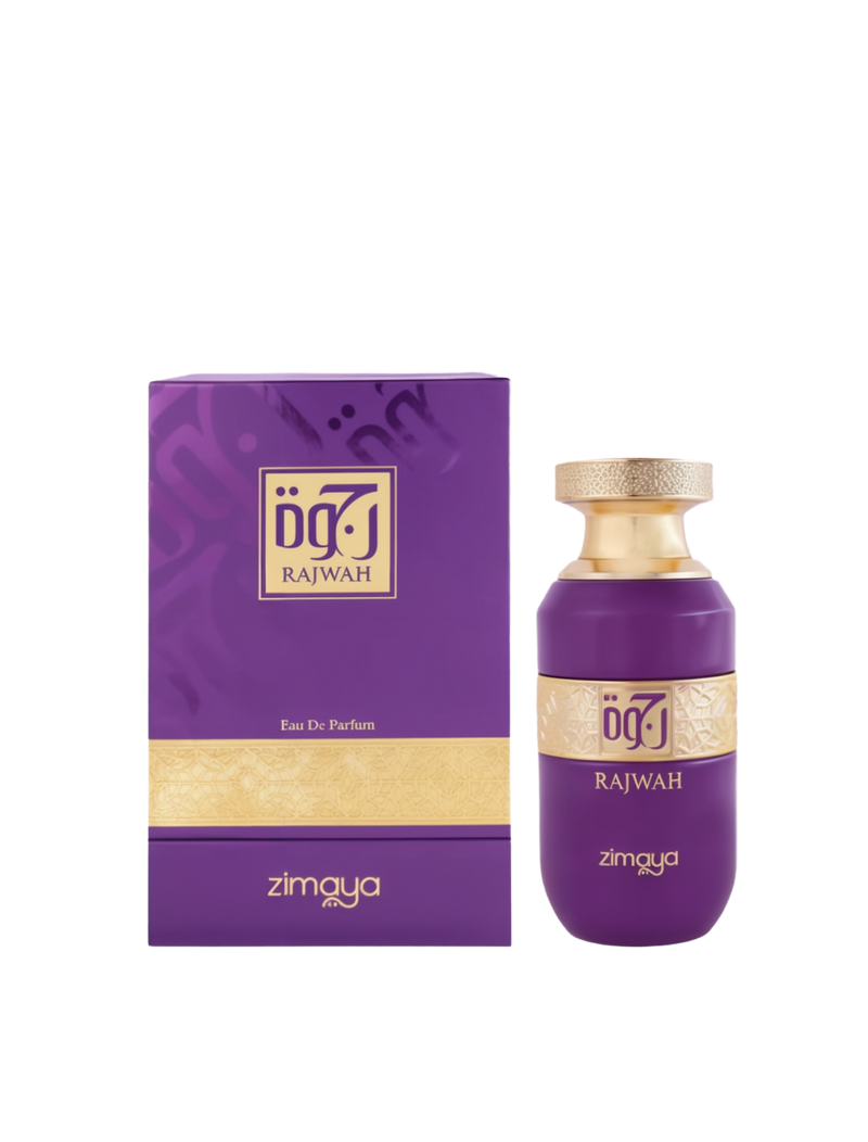 A bottle and packaging of Rajwah Eau De Parfum by Zimaya. The perfume bottle is an elegant deep purple color with a wide gold band featuring intricate Arabic geometric patterns and matching gold accents on the cap. The name "Rajwah" and the Zimaya logo are printed in gold on the front. The box is also purple with gold detailing, including a decorative band and the brand name. The design conveys a luxurious, regal aesthetic with a Middle Eastern influence.