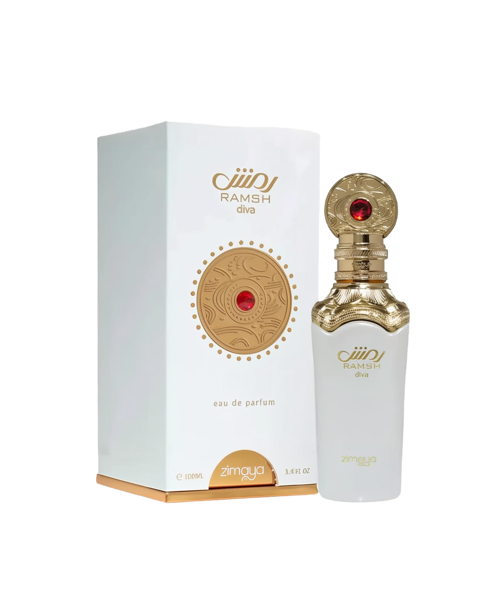 A bottle and packaging of Ramsh Diva Eau De Parfum by Zimaya. The perfume bottle is sleek and white with a gold ornate neck and cap, featuring engraved patterns and a striking red gemstone-like accent. The front label reads "RAMSH diva" and "zimaya" in gold lettering. The matching white box includes a gold circular emblem with red detailing and the same branding, with gold edging along the bottom. The design conveys elegance, luxury, and a regal feminine touch.