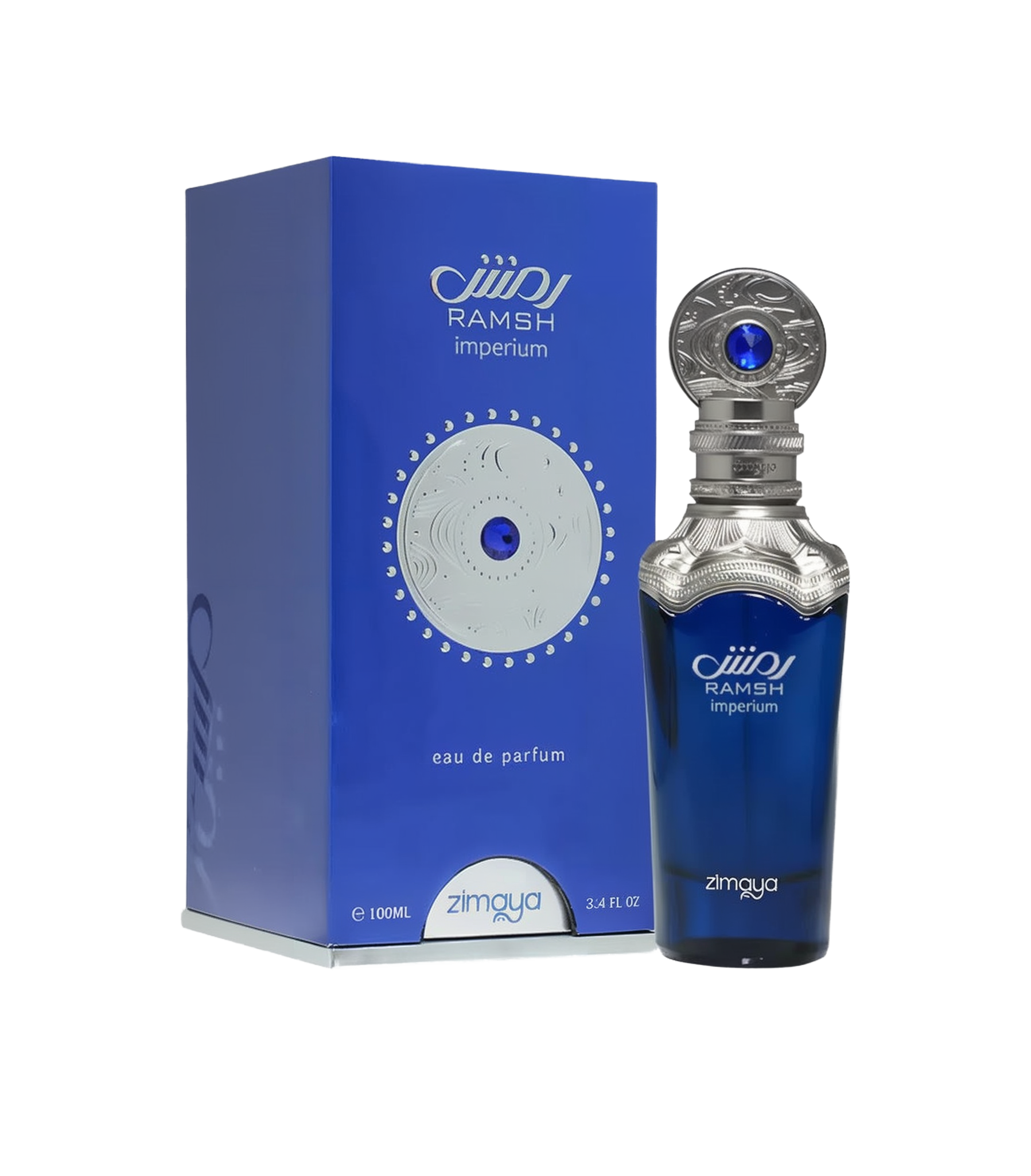 A bottle and packaging of Ramsh Imperium Eau De Parfum by Zimaya. The perfume bottle is a deep blue color with silver metallic detailing at the neck and cap, which features intricate engravings and a prominent blue gemstone-like accent. The label on the bottle reads "RAMSH imperium" along with the Zimaya logo.