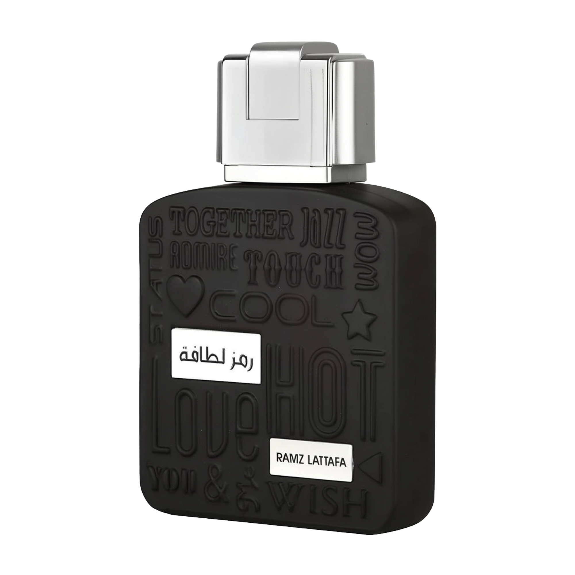 A close-up of the black bottle of "Ramz Lattafa" Eau de Parfum. The bottle's design includes embossed words like "Together," "Jazz," and "Touch" in varying styles. A metallic silver cap is on top of the bottle, and the product name is displayed in both Ar