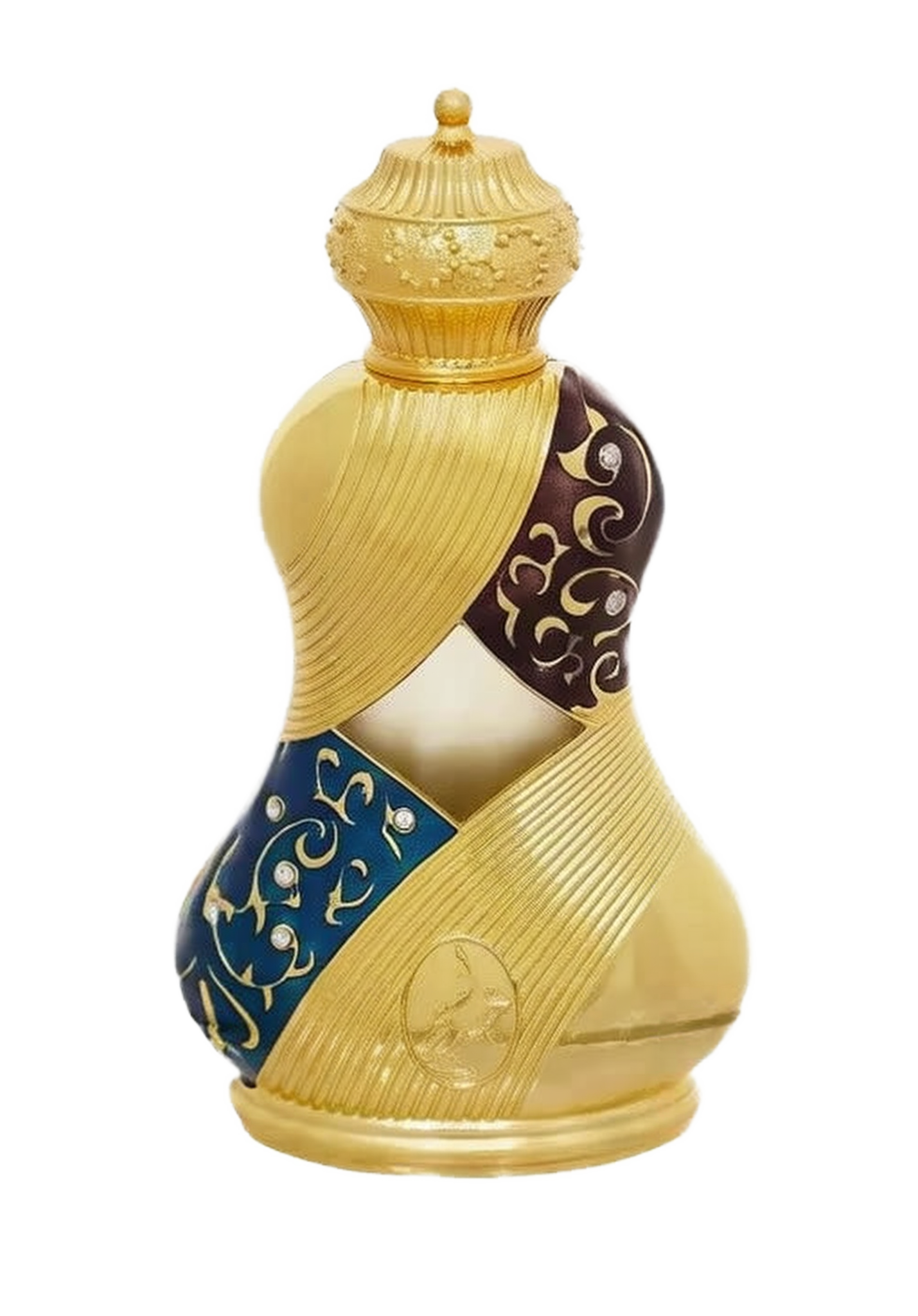 The image shows an ornately designed perfume bottle:  The bottle has a unique, hourglass-like shape with a broad base that tapers to a narrower top and flares out again at the neck. It features a textured gold finish with decorative elements, including a band with a deep blue background and gold arabesque patterns. The cap is textured and dome-shaped, matching the gold theme of the bottle.