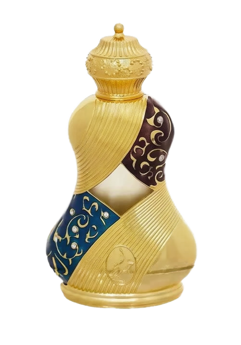 The image shows an ornately designed perfume bottle:  The bottle has a unique, hourglass-like shape with a broad base that tapers to a narrower top and flares out again at the neck. It features a textured gold finish with decorative elements, including a band with a deep blue background and gold arabesque patterns. The cap is textured and dome-shaped, matching the gold theme of the bottle.