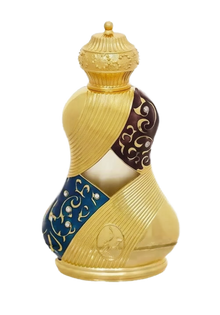 The image shows an ornately designed perfume bottle:  The bottle has a unique, hourglass-like shape with a broad base that tapers to a narrower top and flares out again at the neck. It features a textured gold finish with decorative elements, including a band with a deep blue background and gold arabesque patterns. The cap is textured and dome-shaped, matching the gold theme of the bottle.