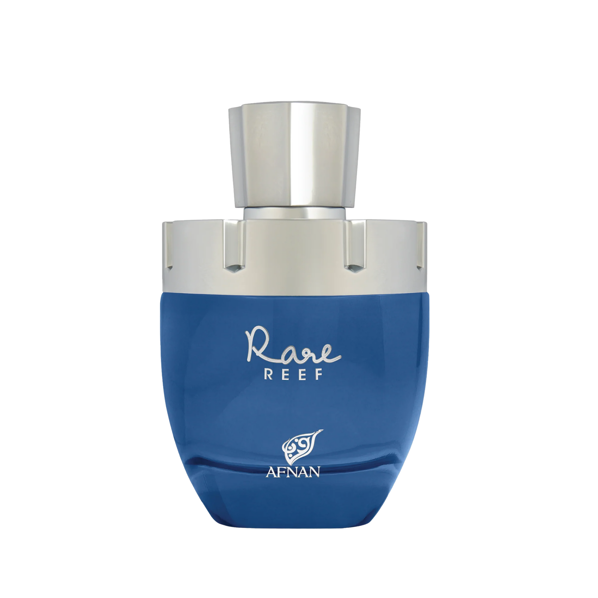 Blue rounded perfume bottle with silver cap and Rare Reef Afnan branding on the front.