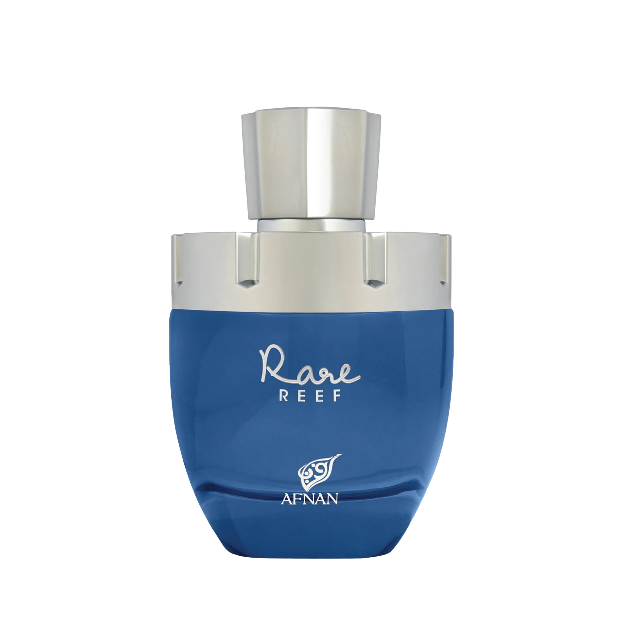 Blue rounded perfume bottle with silver cap and Rare Reef Afnan branding on the front.