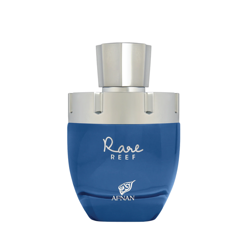 Blue rounded perfume bottle with silver cap and Rare Reef Afnan branding on the front.
