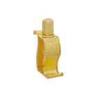 A luxurious gold perfume bottle with intricate patterns and a unique curved design, containing a golden liquid, showcasing its elegant and sophisticated appearance.