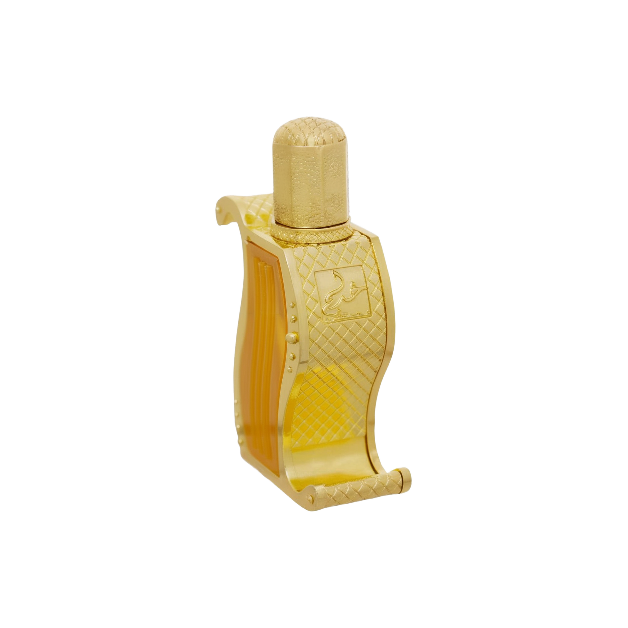 A luxurious gold perfume bottle with intricate patterns and a unique curved design, containing a golden liquid, showcasing its elegant and sophisticated appearance.