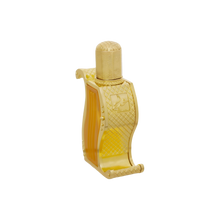 A luxurious gold perfume bottle with intricate patterns and a unique curved design, containing a golden liquid, showcasing its elegant and sophisticated appearance.