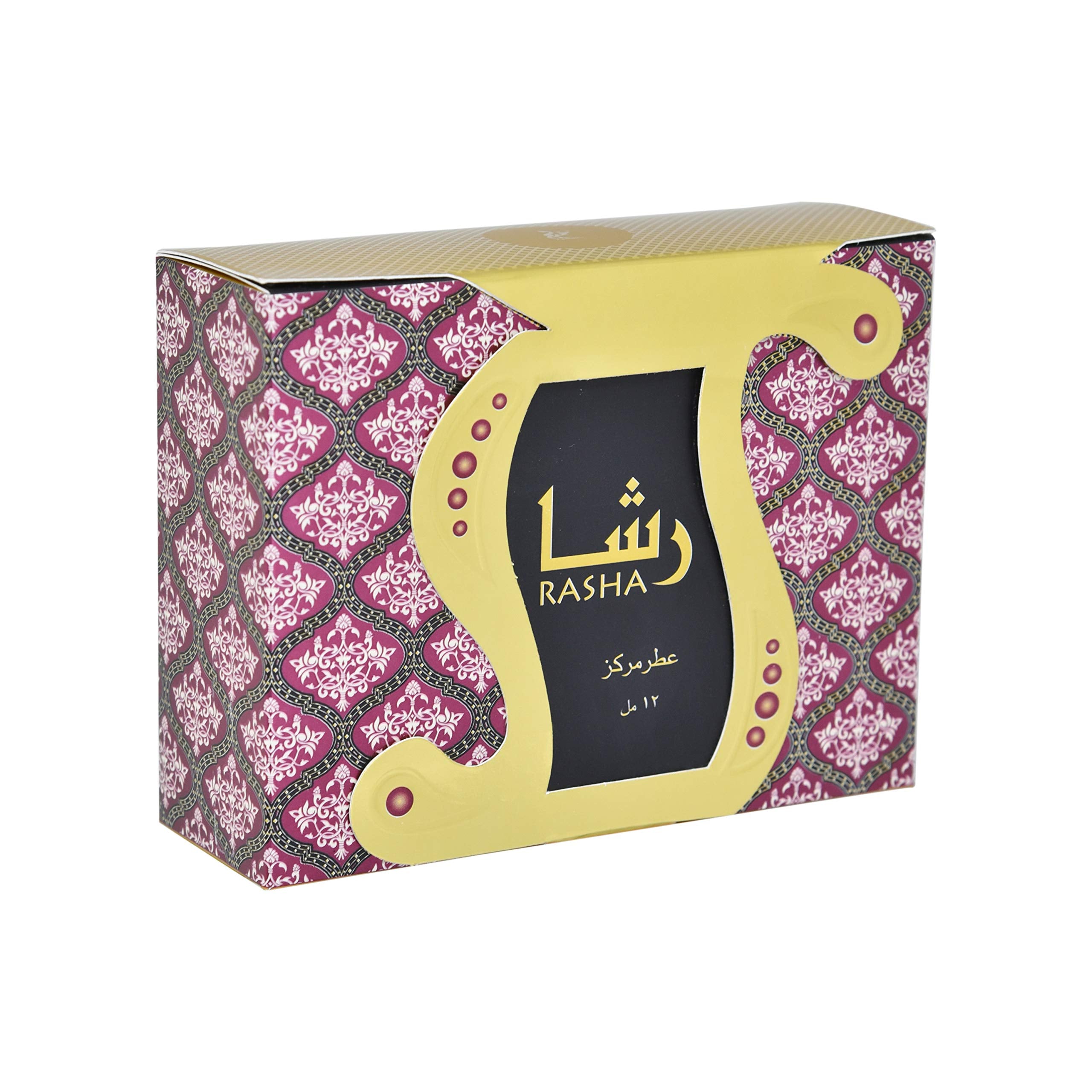 A stylish perfume box with a maroon and white patterned design, featuring a gold ornate frame with the text 'Rasha' in Arabic and English.