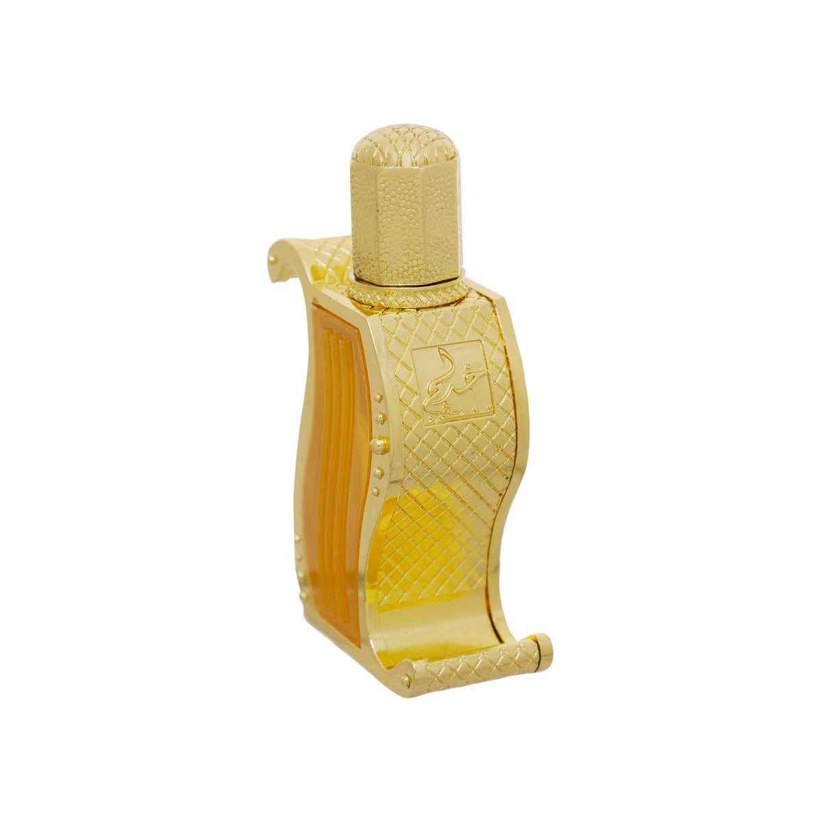 A luxurious gold perfume bottle with intricate patterns and a unique curved design, containing a golden liquid, showcasing its elegant and sophisticated appearance.