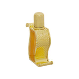 A luxurious gold perfume bottle with intricate patterns and a unique curved design, containing a golden liquid, showcasing its elegant and sophisticated appearance.