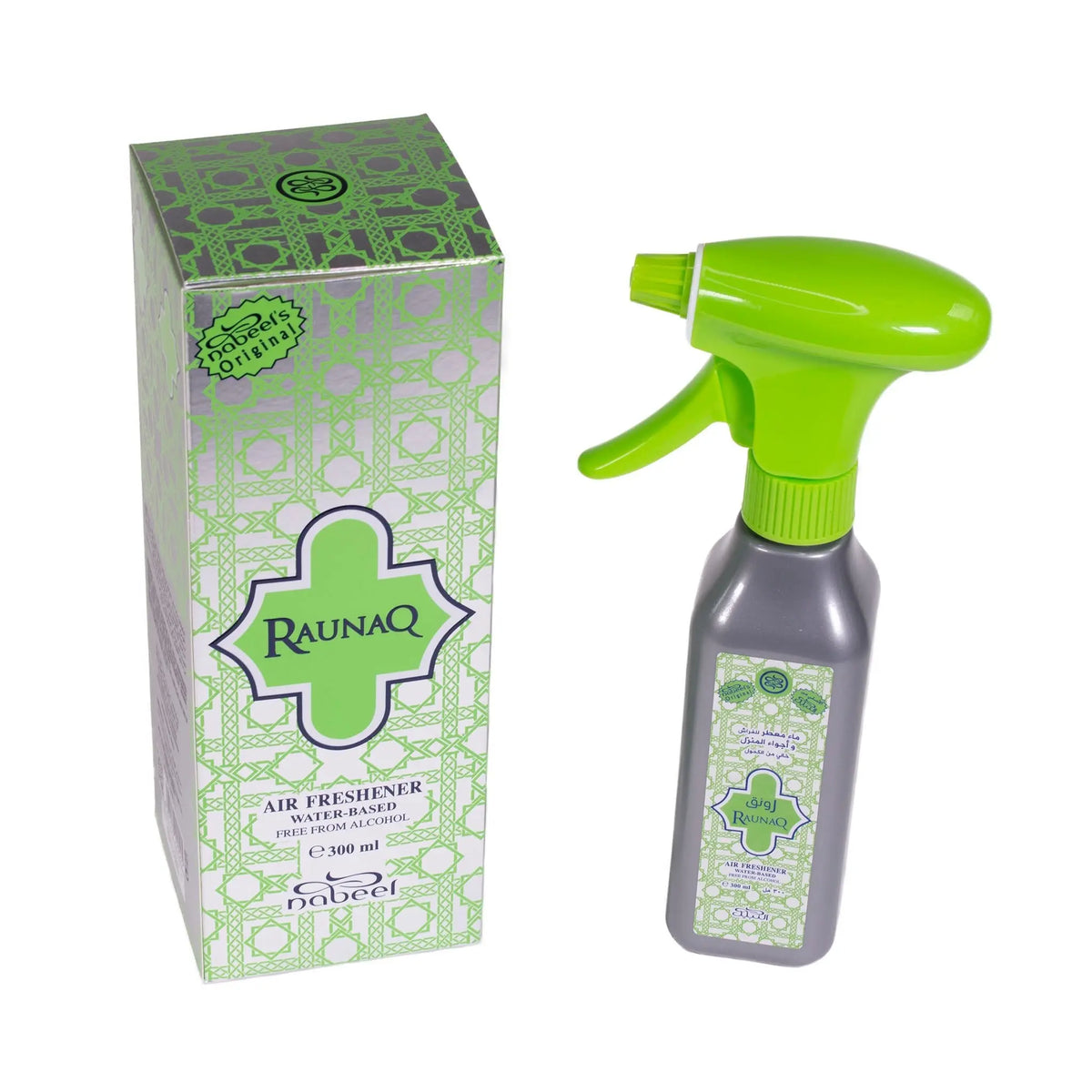 The image showcases a product set of "Raunaq" air freshener, consisting of a box and a spray bottle. The box is light green with a geometric pattern and features a prominent central label with the name "Raunaq" in a stylized font. Adjacent to the box is the spray bottle with a translucent gray body and a bright green spray head and nozzle. The bottle label matches the design of the box, including the brand and product name.