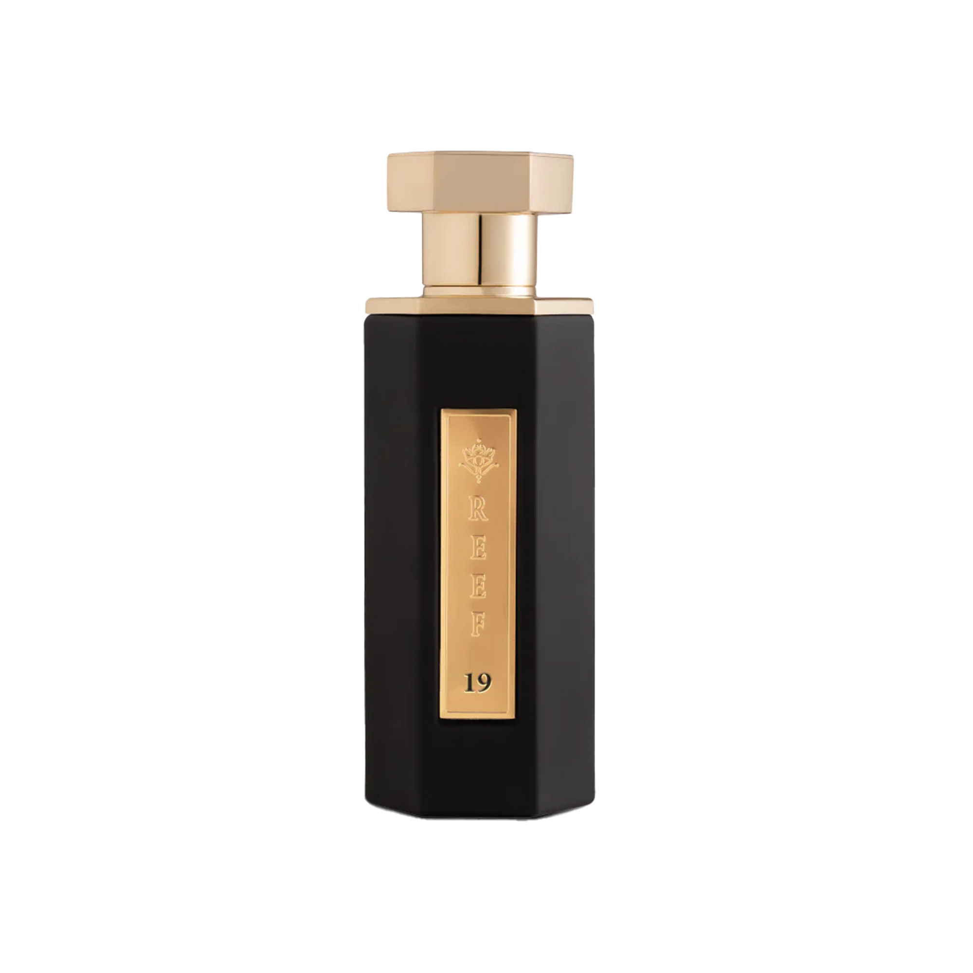 Tall black perfume bottle with gold hexagonal cap and vertical gold plaque marked Reef 19.