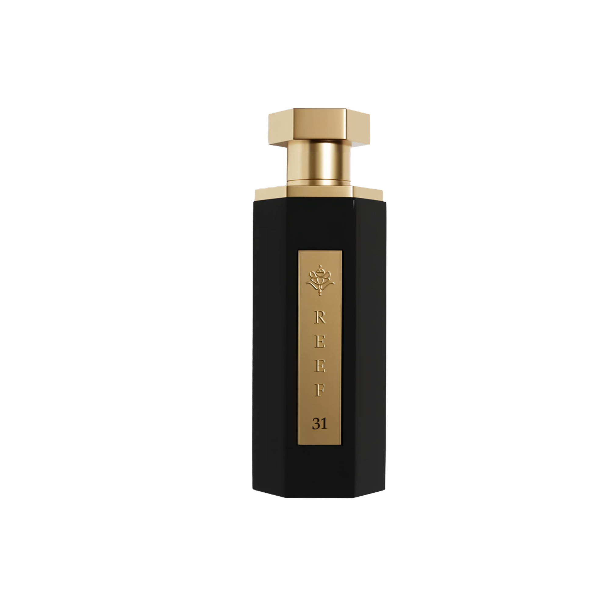 A luxurious black perfume bottle with a hexagonal shape, with a gold cap and a  gold label. The label features a rose emblem, the word 'REEF' in vertical capital letters.