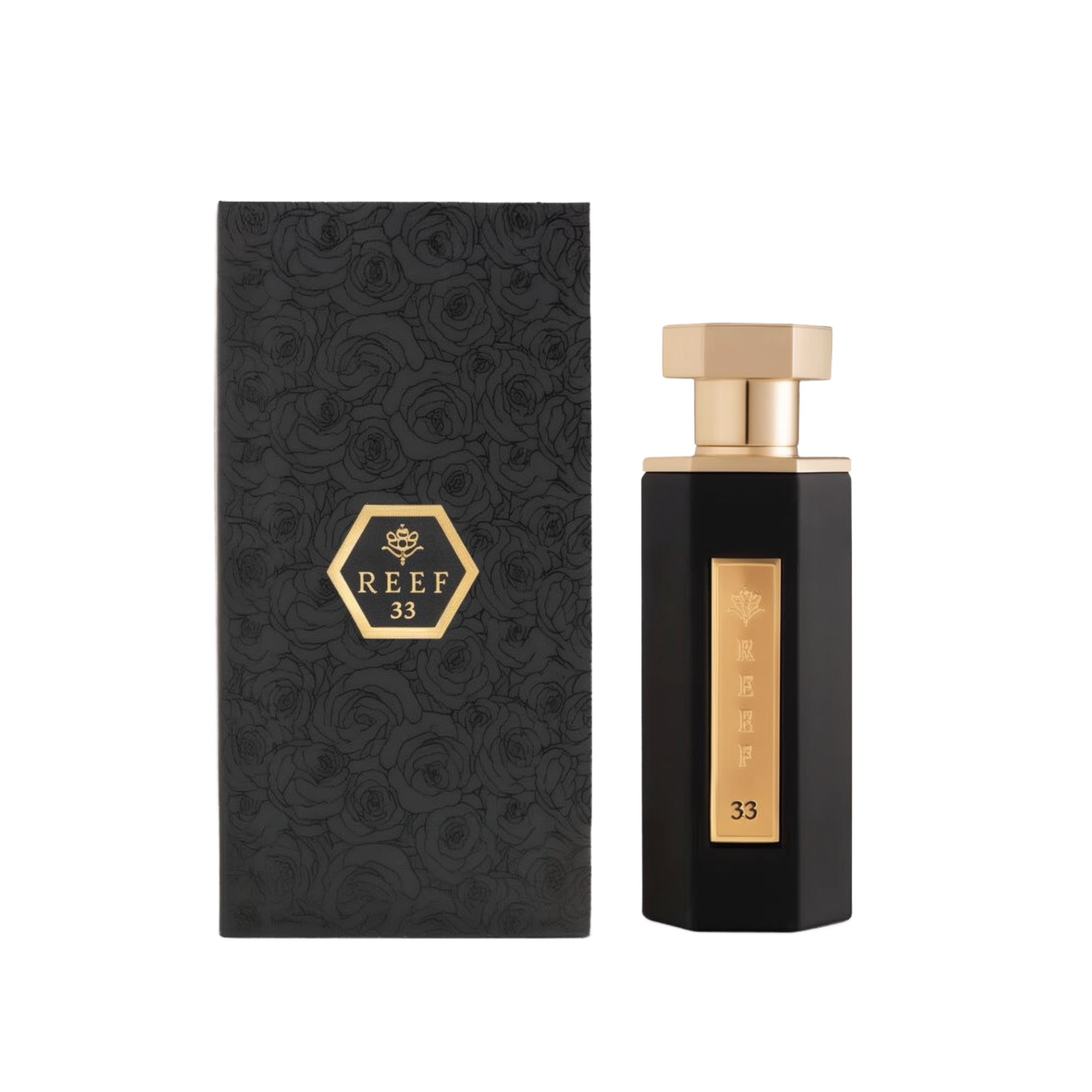 A sleek and elegant bottle of Reef 33 perfume by Reef Perfumes, positioned beside its matching box. The bottle is tall and angular, finished in glossy black with a vertical gold label engraved with 'REEF 33' and a crown emblem. It is topped with a polished gold hexagonal cap. The accompanying black box features an embossed rose pattern and a gold hexagon with the brand and fragrance name, reflecting a luxurious and refined aesthetic.