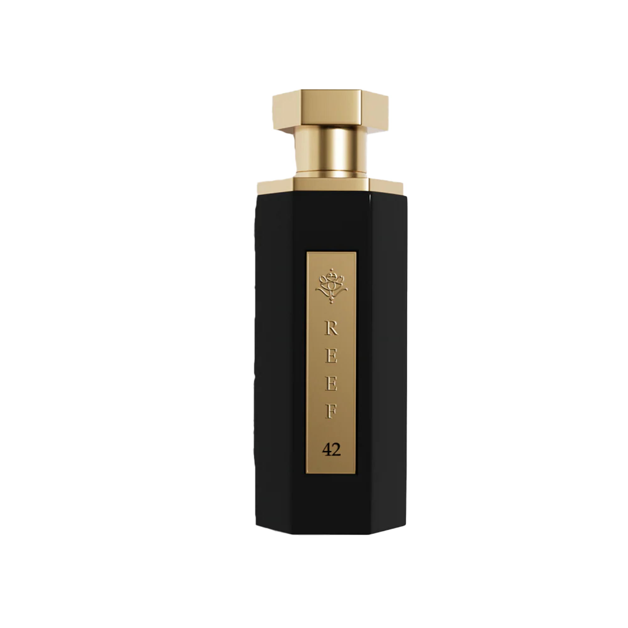Slender black perfume bottle with gold hexagonal cap and vertical gold plaque labelled Reef 42.