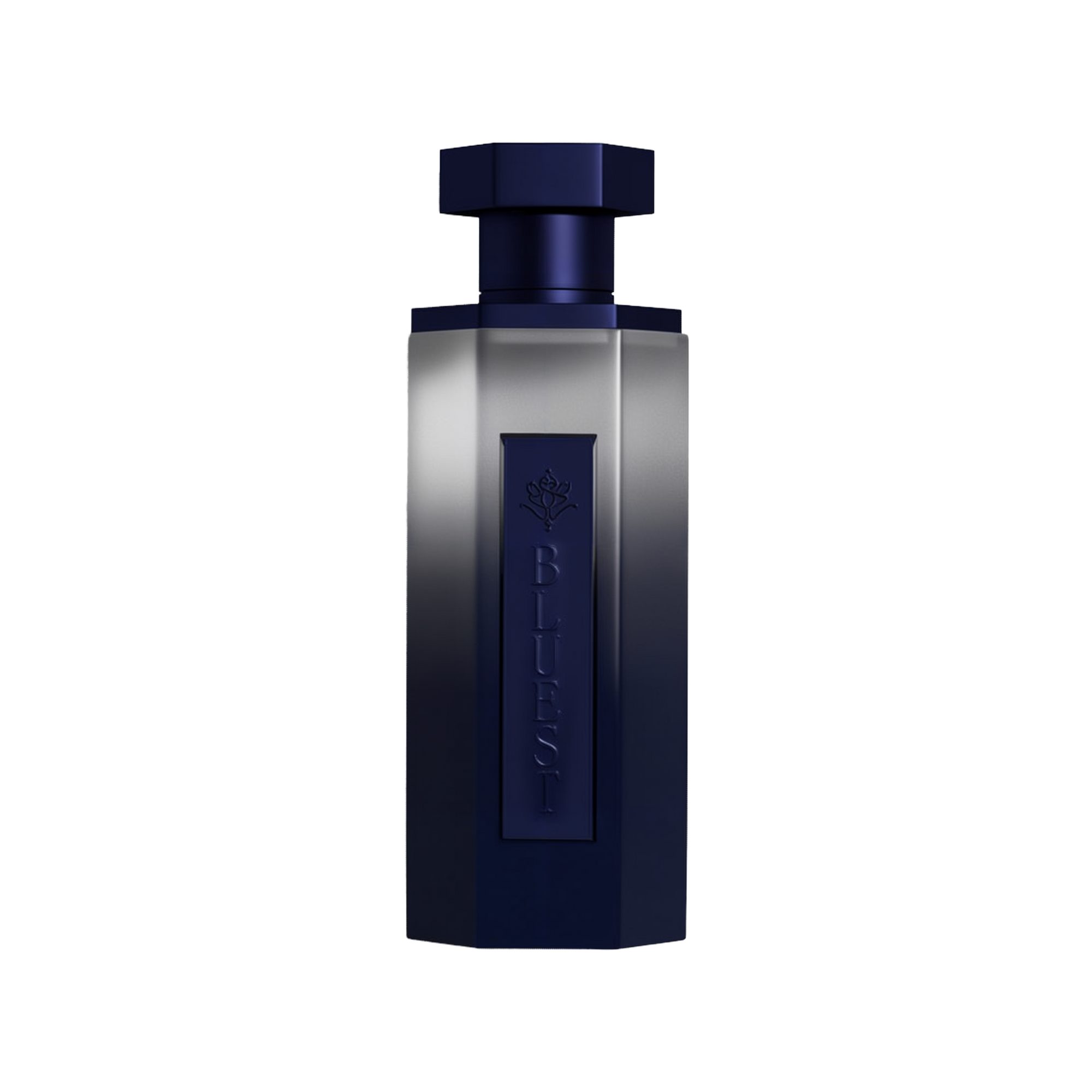 A modern and sleek bottle of Bluest perfume by Reef Perfumes, featuring a tall, faceted design with a gradient color scheme transitioning from silver-gray at the top to deep navy blue at the base. The vertical embossed label on the front reads 'BLUEST' with a rose emblem above, both in matching navy blue. The bottle is topped with a geometric, hexagonal cap in dark blue, creating a bold and contemporary aesthetic against a minimalist white background with a soft shadow.
