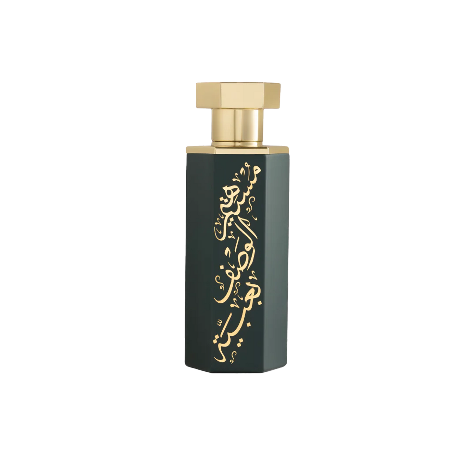 Dark green slender perfume bottle with gold hexagonal cap and ornate vertical gold Arabic calligraphy.