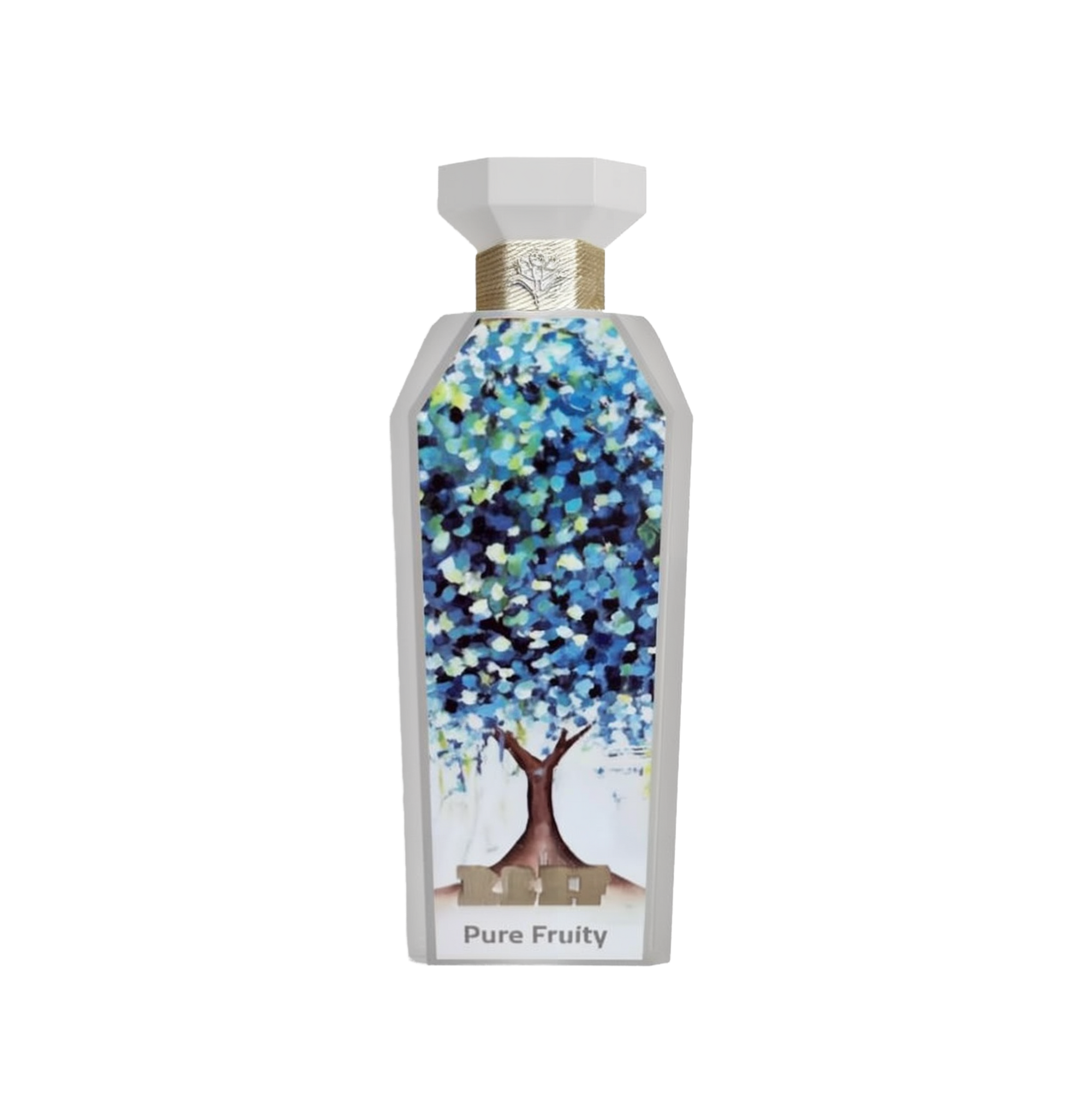 A vibrant and artistic bottle of Pure Fruity perfume by Reef Perfumes. The tall, white, angular bottle features a colorful abstract painting of a tree with dense blue, green, and white foliage on its front face.