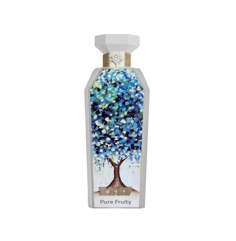A vibrant and artistic bottle of Pure Fruity perfume by Reef Perfumes. The tall, white, angular bottle features a colorful abstract painting of a tree with dense blue, green, and white foliage on its front face.