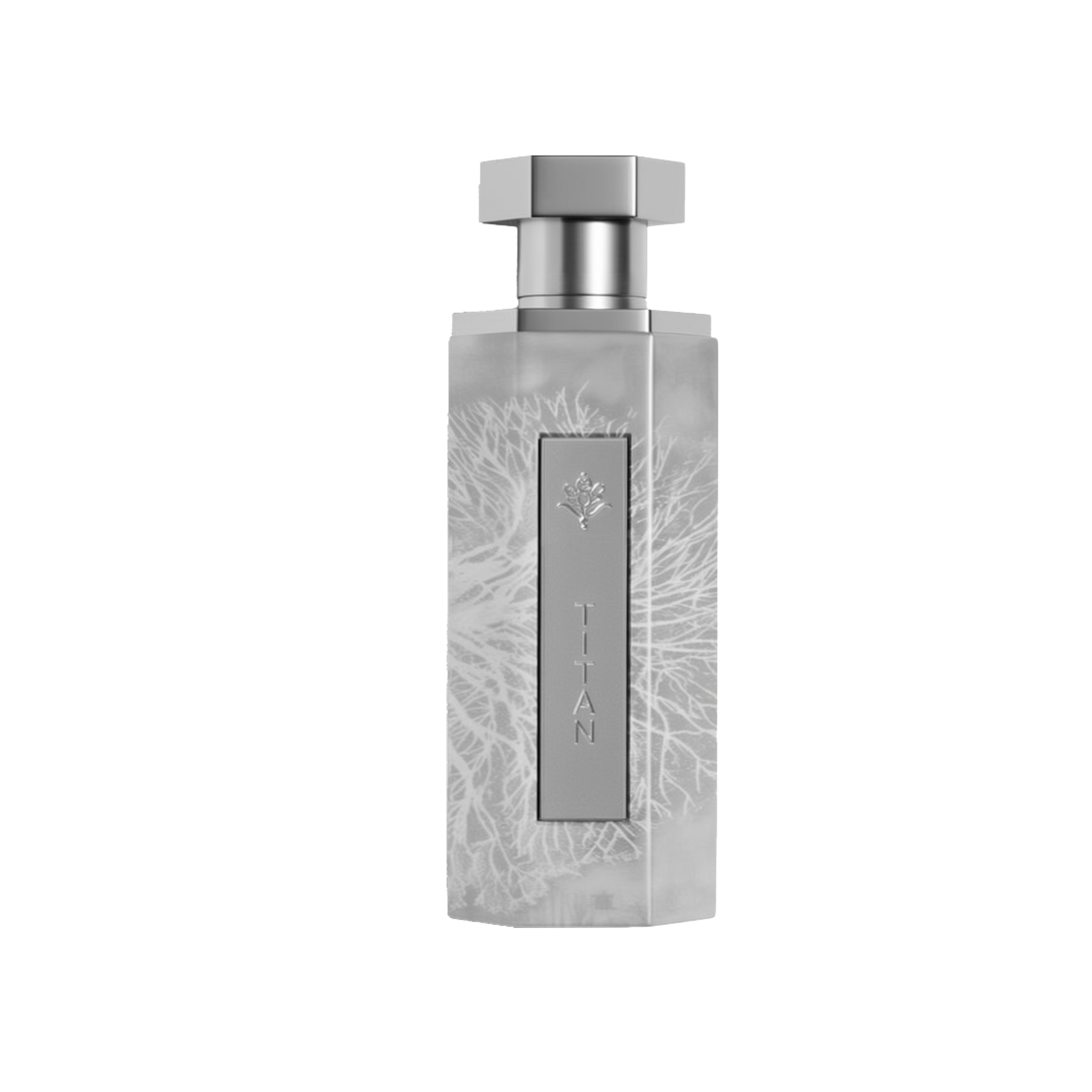 A bold and modern bottle of Titan perfume by Reef Perfumes, designed with a sleek silver-gray finish. The tall, faceted bottle features an intricate, etched coral or root-like pattern across the surface. A vertical metallic plaque on the front is engraved with 'TITAN' and a rose emblem above it, both in matching silver. The bottle is topped with a geometric silver cap, set against a white background with a soft drop shadow, highlighting the fragrance’s powerful aesthetic.