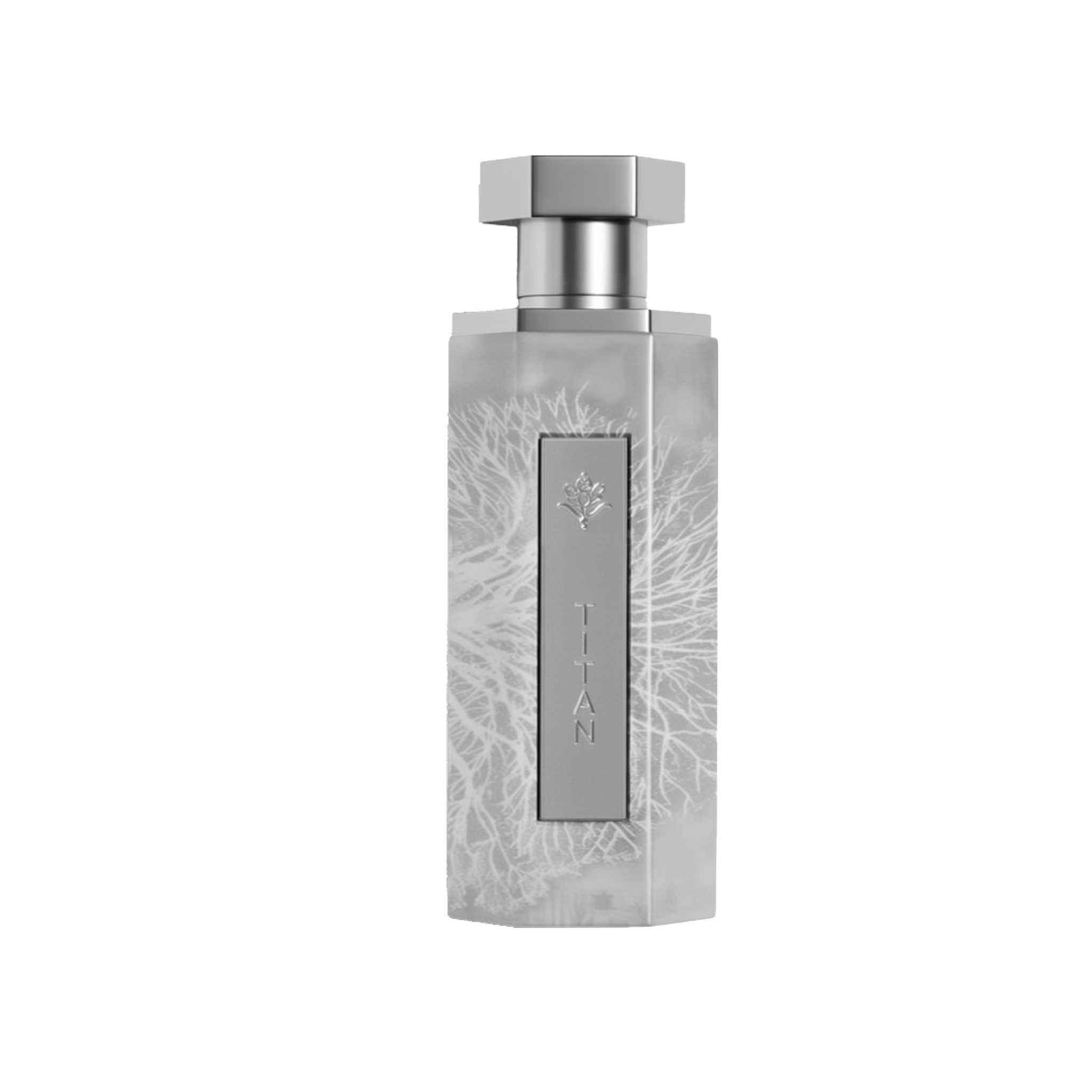 A bold and modern bottle of Titan perfume by Reef Perfumes, designed with a sleek silver-gray finish. The tall, faceted bottle features an intricate, etched coral or root-like pattern across the surface. A vertical metallic plaque on the front is engraved with 'TITAN' and a rose emblem above it, both in matching silver. The bottle is topped with a geometric silver cap, set against a white background with a soft drop shadow, highlighting the fragrance’s powerful aesthetic.
