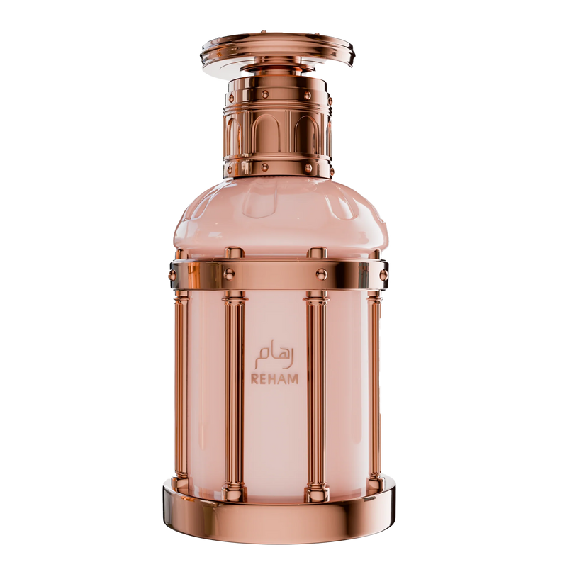 Blush pink perfume bottle with rose-gold metallic frame and Reham engraved with logo.