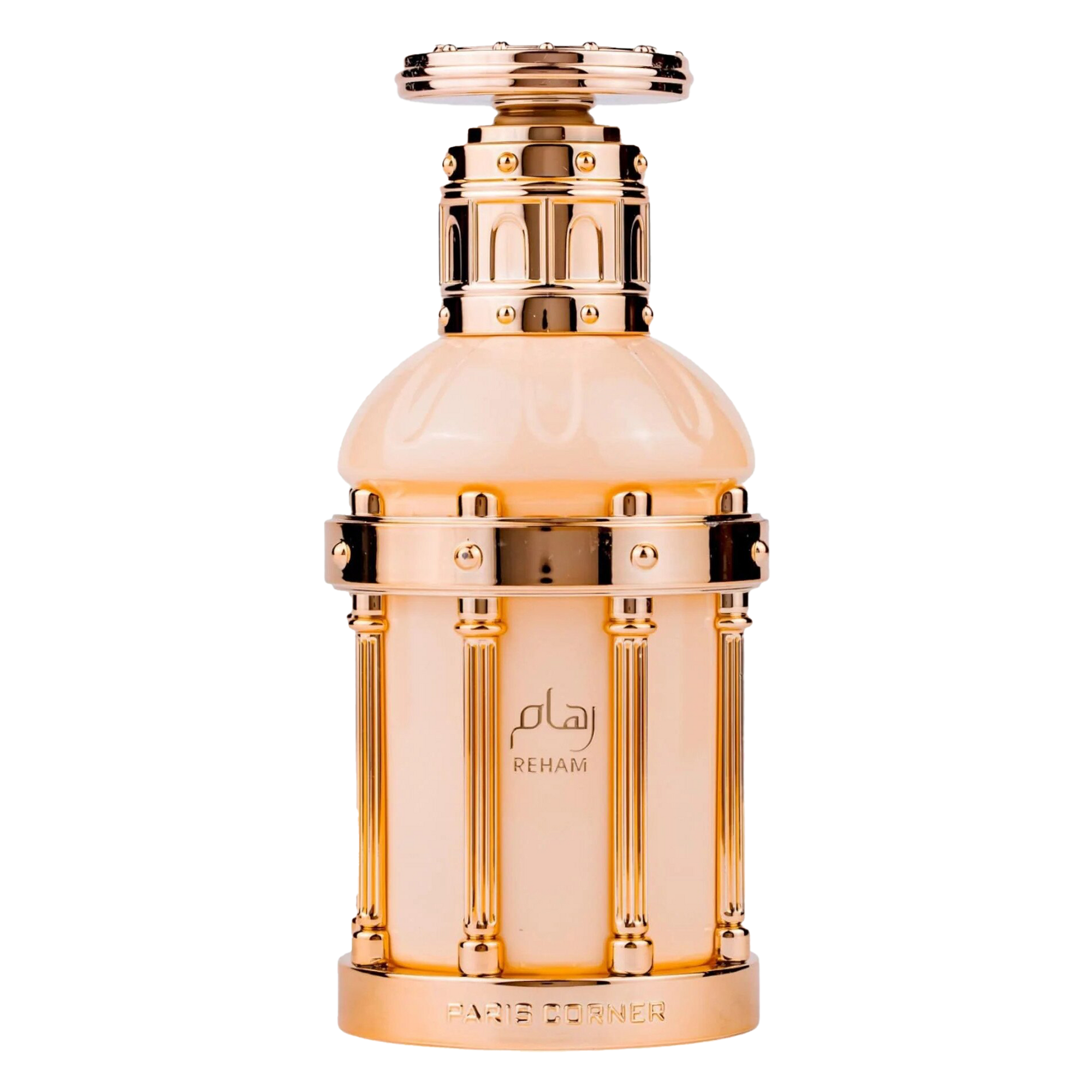 Elegant beige and gold perfume bottle with ornate metallic frame and Reham Paris Corner branding.