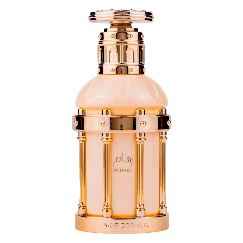 Elegant beige and gold perfume bottle with ornate metallic frame and Reham Paris Corner branding.