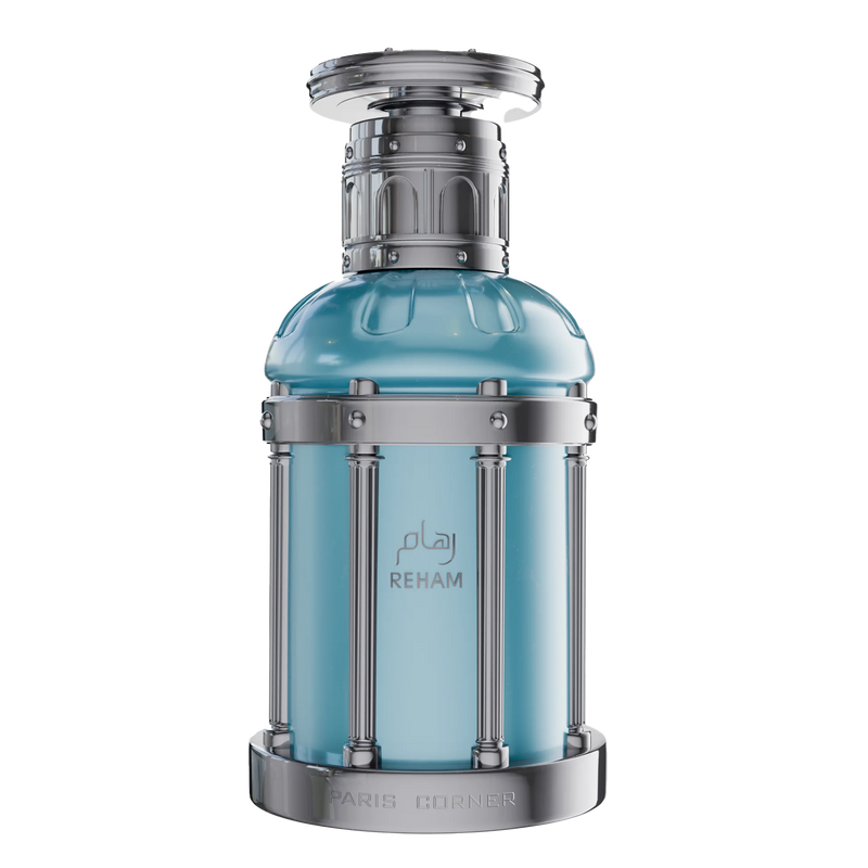 Blue perfume bottle with silver metallic frame and Reham Paris Corner branding on the front.