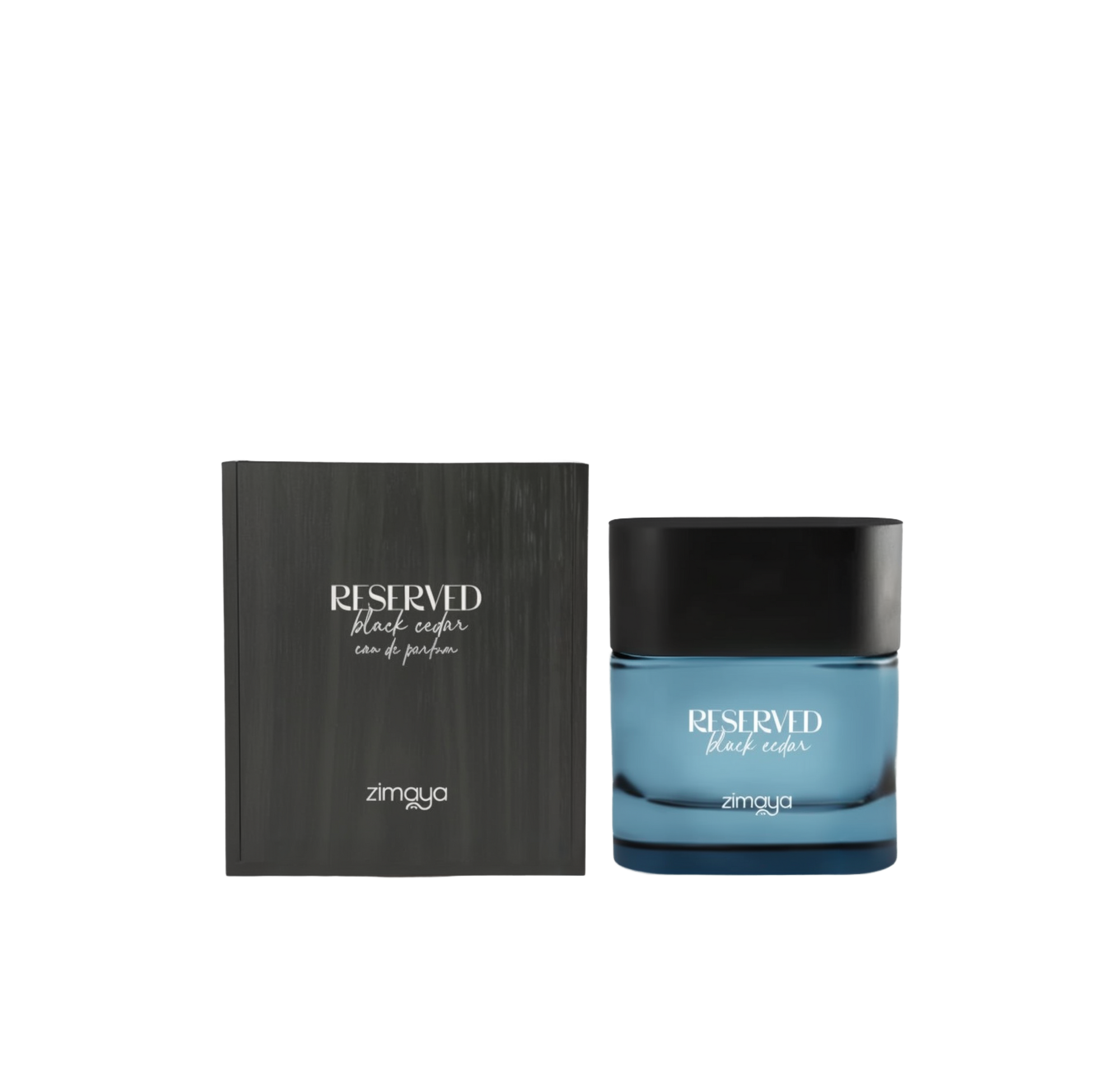 A bottle and box of Reserved Black Cedar Eau De Parfum by Zimaya. The perfume bottle features a sleek, rectangular shape with a translucent blue body and a matte black wooden cap. The front of the bottle is labeled with the text "RESERVED black cedar" in a clean white font, along with the Zimaya logo at the bottom. The matching box has a dark woodgrain texture with similar white text, creating a modern and sophisticated presentation.