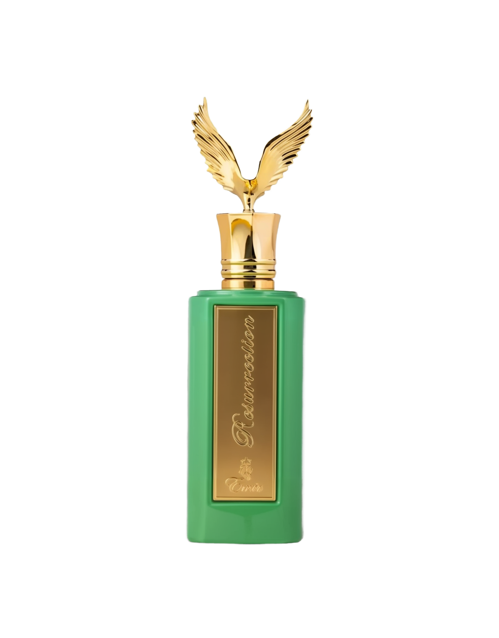 A tall, pastel-green rectangular perfume bottle with a gold plaque reading “Resurrection” in cursive, topped by a decorative gold cap featuring outspread wings.
