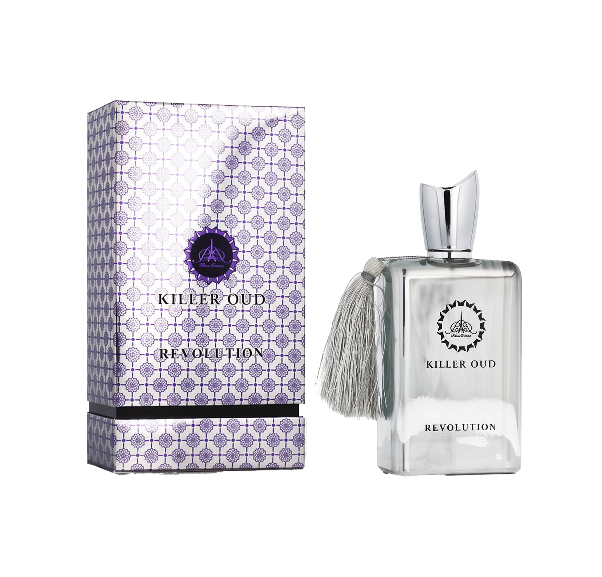 A rectangular silver perfume bottle with a silver tassel and a metallic cap, labeled “Killer Oud Revolution,” standing beside a coordinating box featuring a purple and silver geometric pattern.