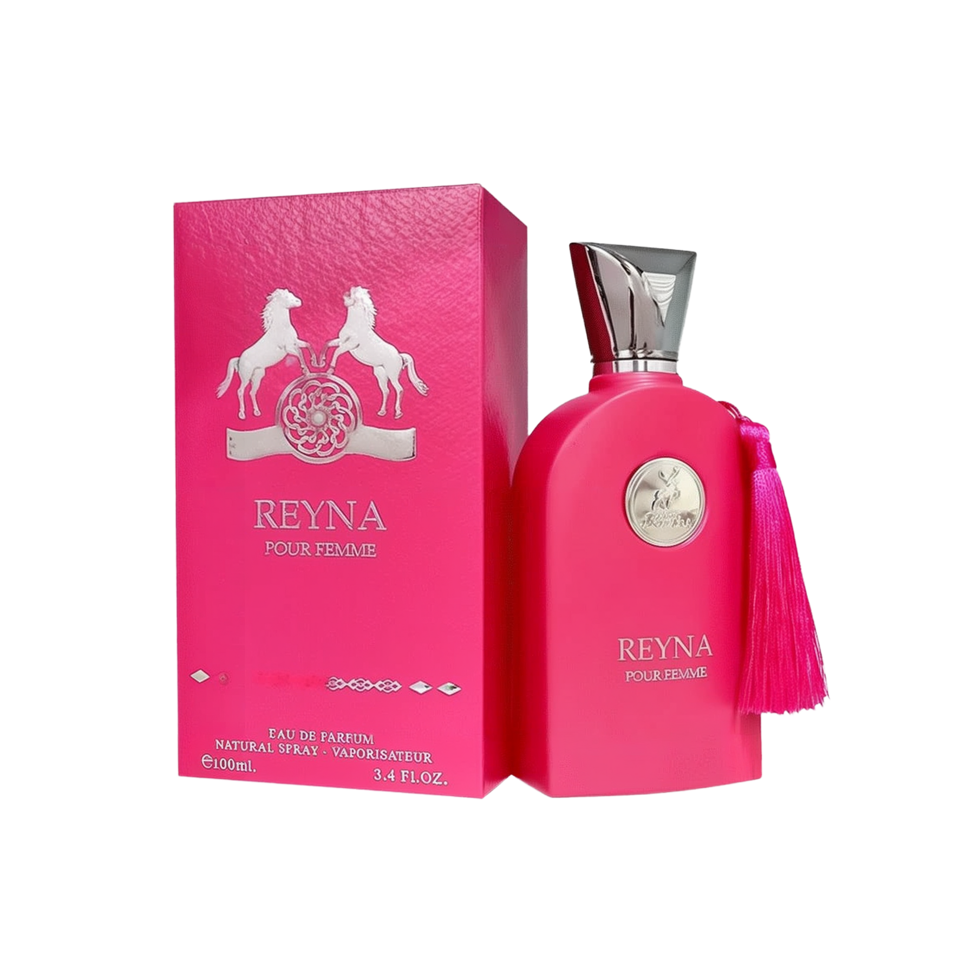 The image shows a bright pink perfume bottle from Maison Alhambra named "Reyna Pour Femme." The bottle has a sleek, rounded design with a silver metallic cap. A silver emblem featuring two horses is displayed on the front, along with the name "Reyna Pour 