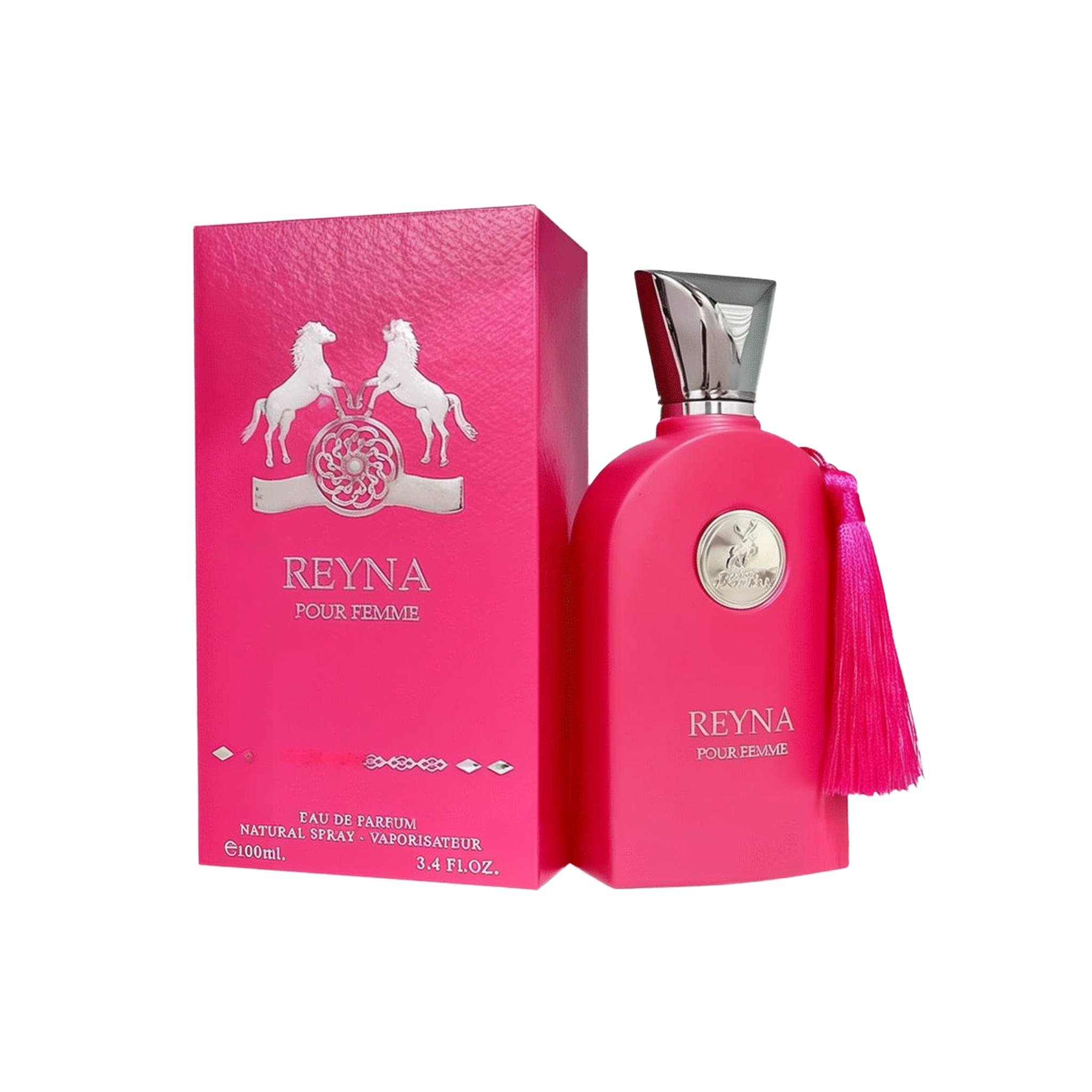 The image shows a bright pink perfume bottle from Maison Alhambra named "Reyna Pour Femme." The bottle has a sleek, rounded design with a silver metallic cap. A silver emblem featuring two horses is displayed on the front, along with the name "Reyna Pour 