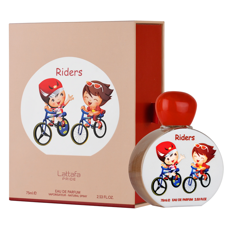 Lattafa Riders Eau De Parfum, bottle and packaging featuring cartoon illustration of two children riding bicycles.