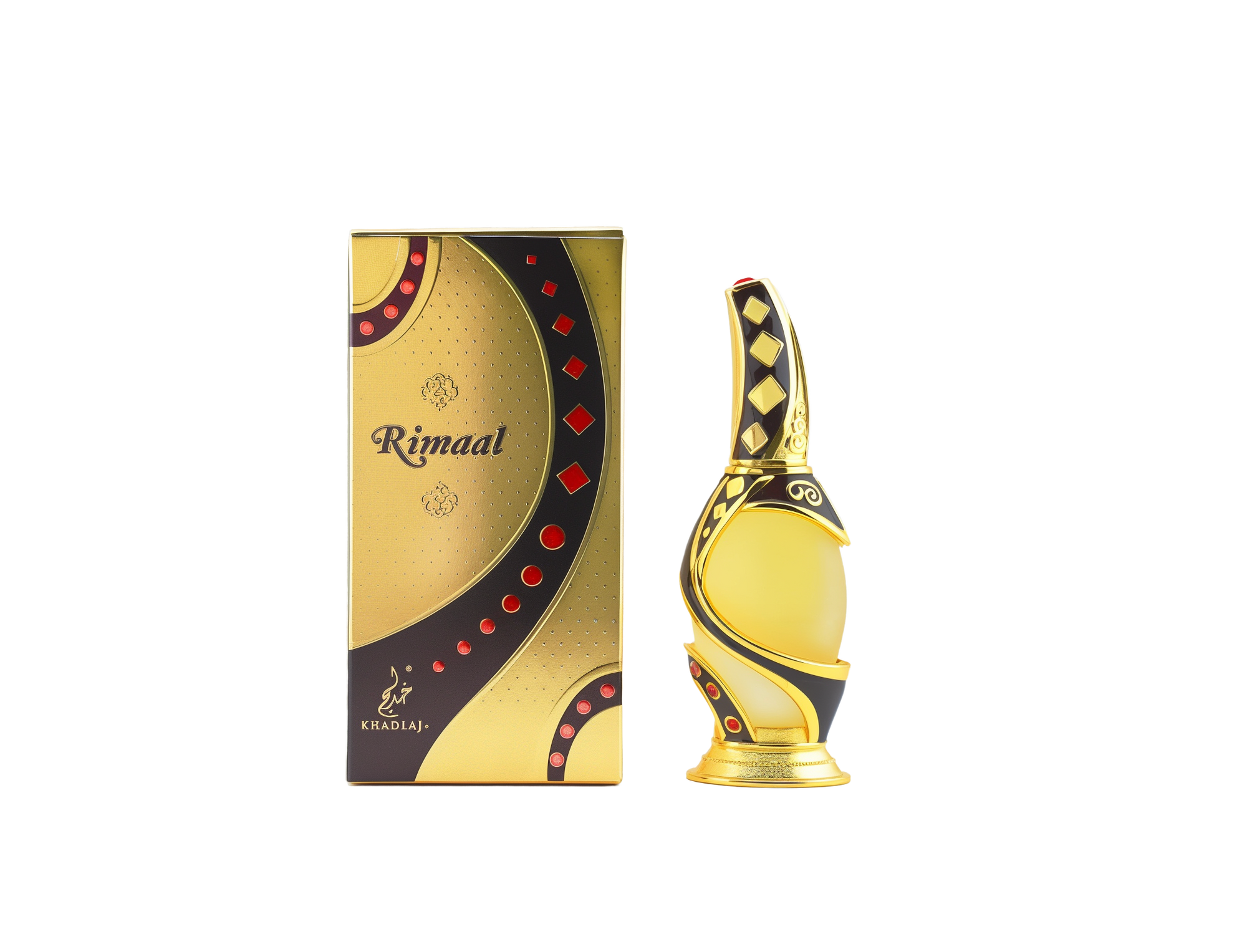 A luxurious perfume bottle and its matching box from Khadlaj Perfumes. The box is gold with black and red accents, featuring the brand name "Rimaal" in elegant script. The bottle is gold with intricate black and red detailing, designed with an ornate, curved shape that exudes elegance and sophistication.