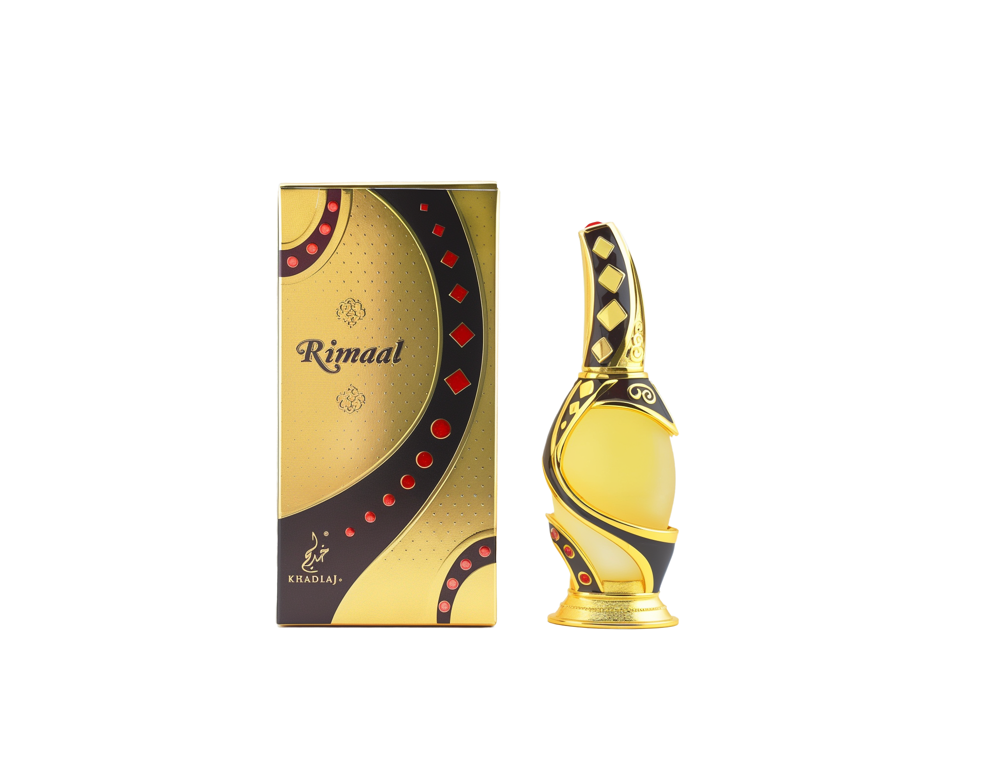 A luxurious perfume bottle and its matching box from Khadlaj Perfumes. The box is gold with black and red accents, featuring the brand name "Rimaal" in elegant script. The bottle is gold with intricate black and red detailing, designed with an ornate, curved shape that exudes elegance and sophistication.