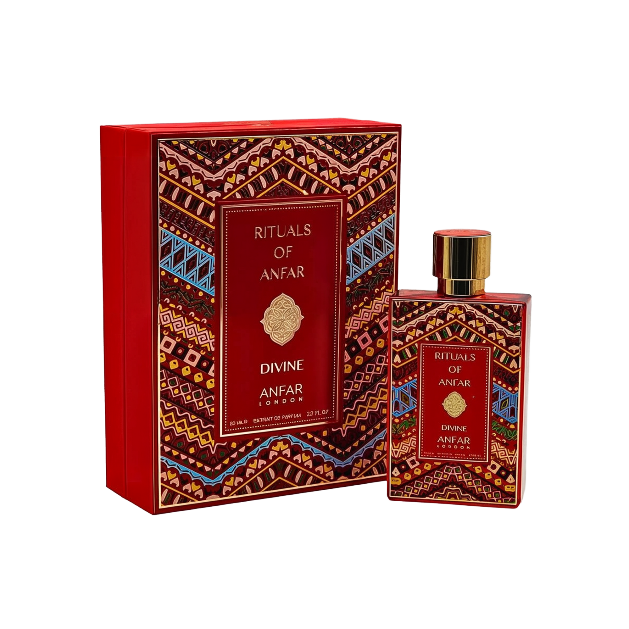 The image shows a product named "Rituals of Anfar Divine" by Anfar London. The packaging features a bold and intricate design with geometric patterns in vibrant colors, including red, gold, blue, and black, evoking a traditional and luxurious aesthetic. T