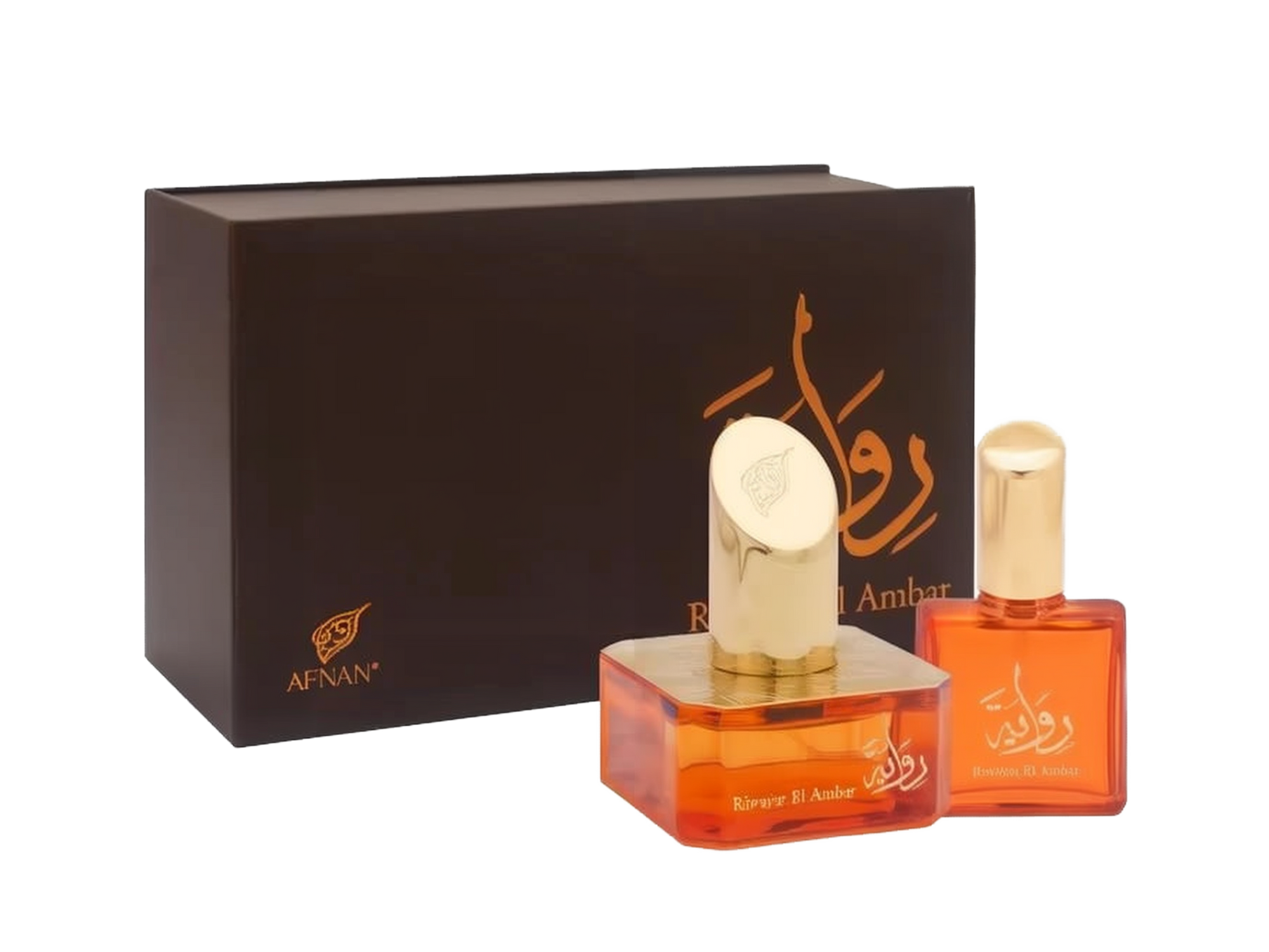 The image shows a set of two perfume bottles with a dark brown backdrop provided by their box packaging. On the left, there is a larger rectangular packaging box with the brand logo "AFNAN" in gold at the lower left corner and an elaborate calligraphic design in gold at the center. The design possibly represents the name of the perfume in Arabic script. In front of the box, there are two transparent orange-colored glass perfume bottles, each with gold caps.