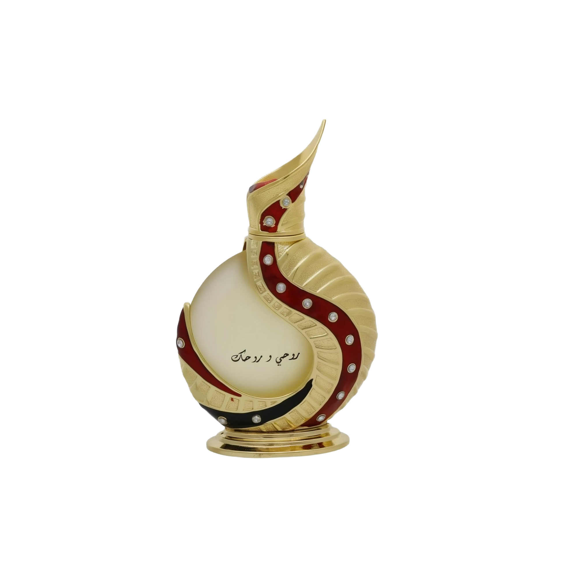The image shows an intricately designed perfume bottle:  The bottle has a spherical base with a slender, curved neck that extends into a pointed tip, reminiscent of traditional Middle Eastern design. It is predominantly off-white with gold accents and features a decorative red swirl with embedded gem-like stones. Arabic calligraphy is displayed on the lower part of the bottle, adding to its cultural aesthetic. The bottle rests on a small, ornate gold stand.