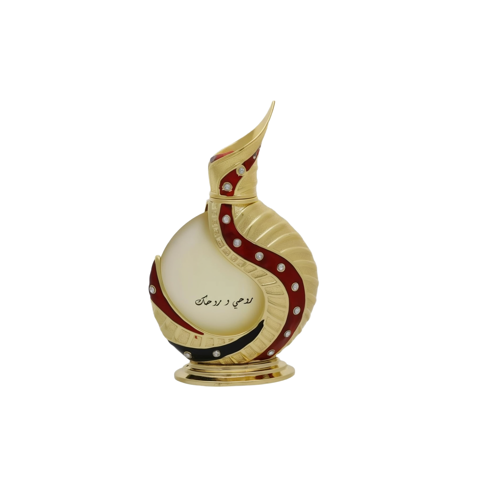 The image shows an intricately designed perfume bottle:  The bottle has a spherical base with a slender, curved neck that extends into a pointed tip, reminiscent of traditional Middle Eastern design. It is predominantly off-white with gold accents and features a decorative red swirl with embedded gem-like stones. Arabic calligraphy is displayed on the lower part of the bottle, adding to its cultural aesthetic. The bottle rests on a small, ornate gold stand.