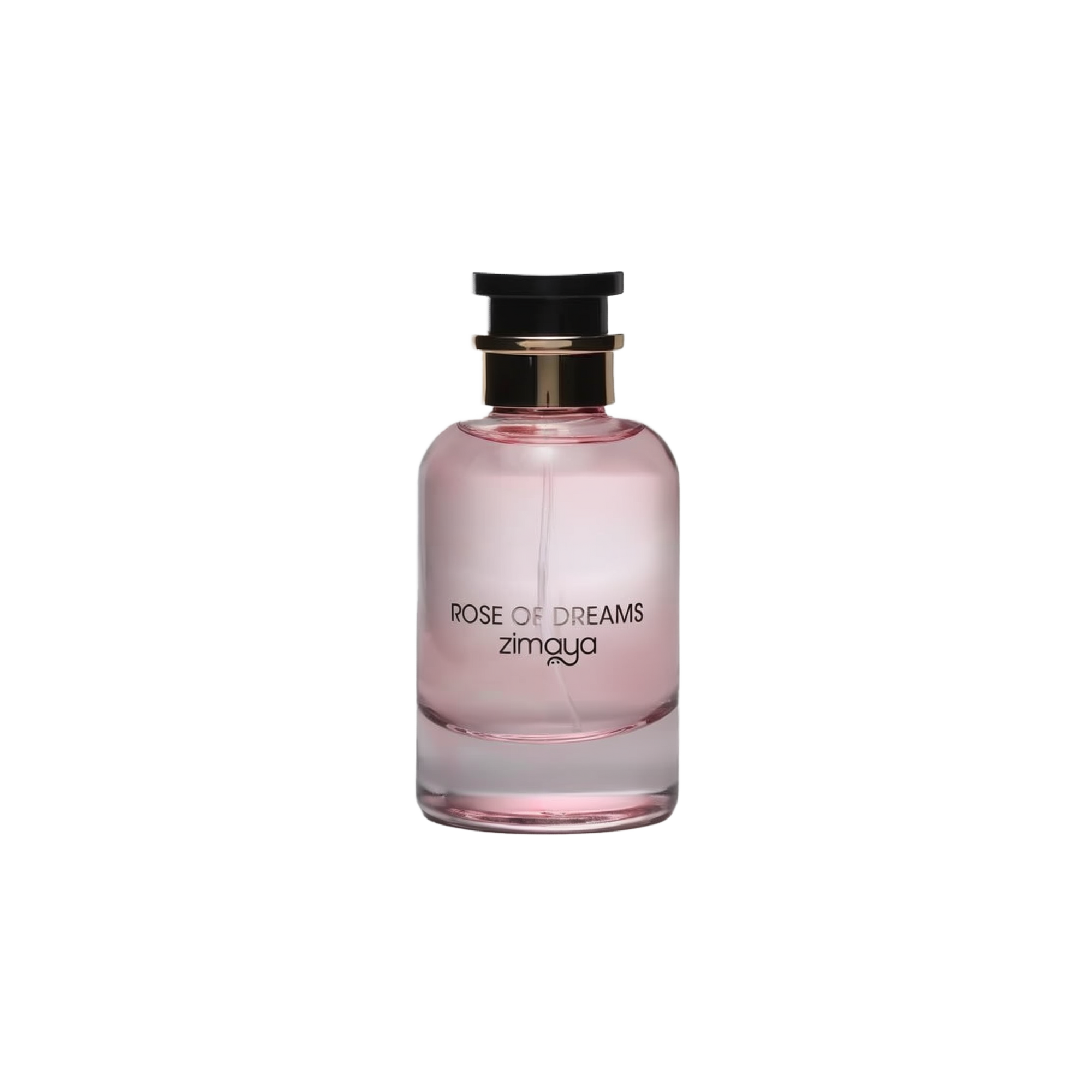 The image shows a bottle of "Rose of Dreams" eau de parfum by Zimaya. The perfume bottle is cylindrical with a soft pink hue and a clear glass bottom. It features a black cap with a gold band. The front of the bottle has black text that reads "ROSE OF DREAMS" and "zimaya." The overall design is elegant and minimalist, with the soft pink color evoking a sense of femininity and romance.
