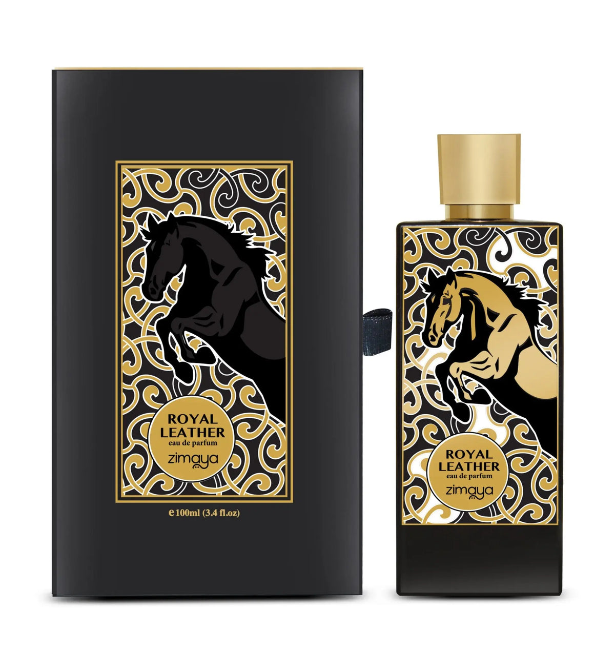 The image displays a set of "Royal Leather" eau de parfum by Zimaya, featuring both the packaging and the bottle. The packaging is a sleek, black box with a prominent window showcasing an artistic silhouette of a horse's head in profile, set against a gold and black intricate pattern background. The bottle mirrors this design with the same horse head silhouette and pattern in gold on a black background. The bottle has a square shape and contains 100ml (3.4 fl.oz) of the fragrance.
