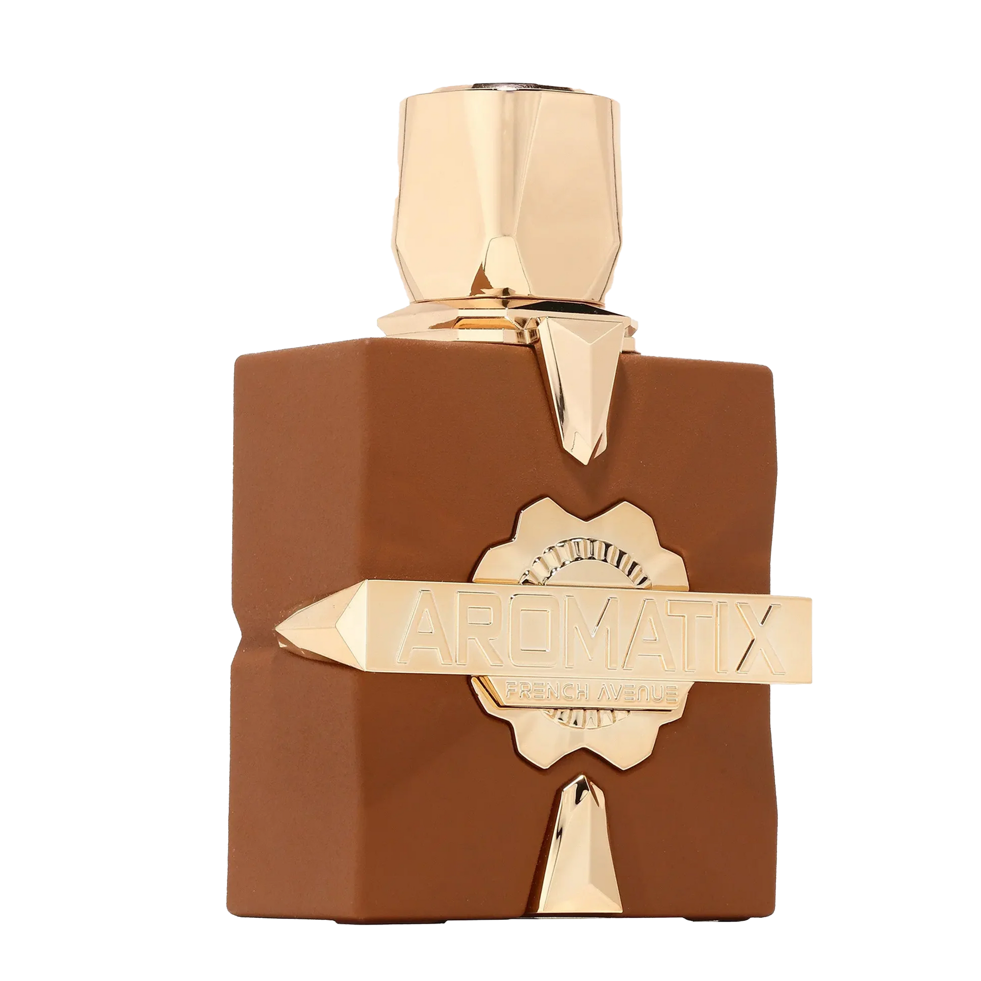 Square matte brown perfume bottle with faceted gold cap and gold starburst emblem with Aromatix French Avenue label.